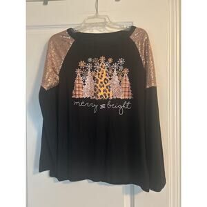 Women's Size Medium Holiday Long Sleeve Top Merry & Bright Black Rose Gold